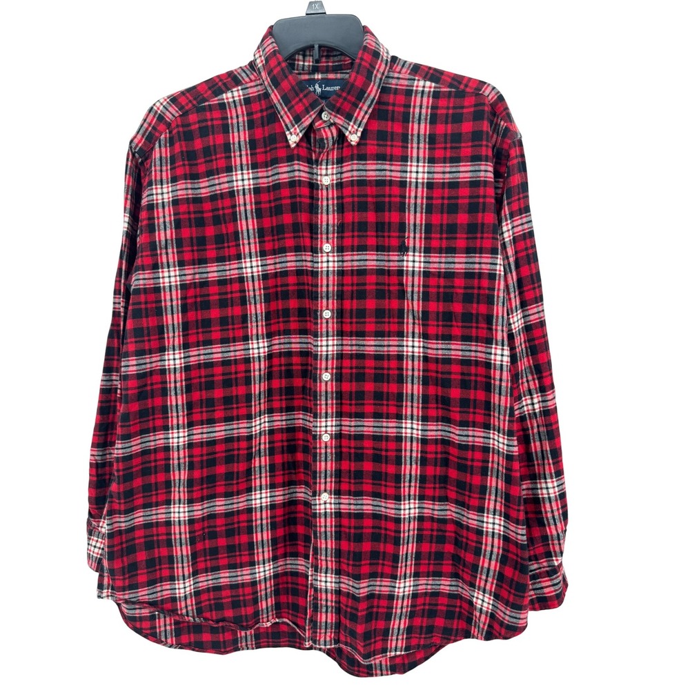 Ralph Lauren Flannel‎ Shirt XL Mens Pony Red Black Plaid Long Sleeve Button Down